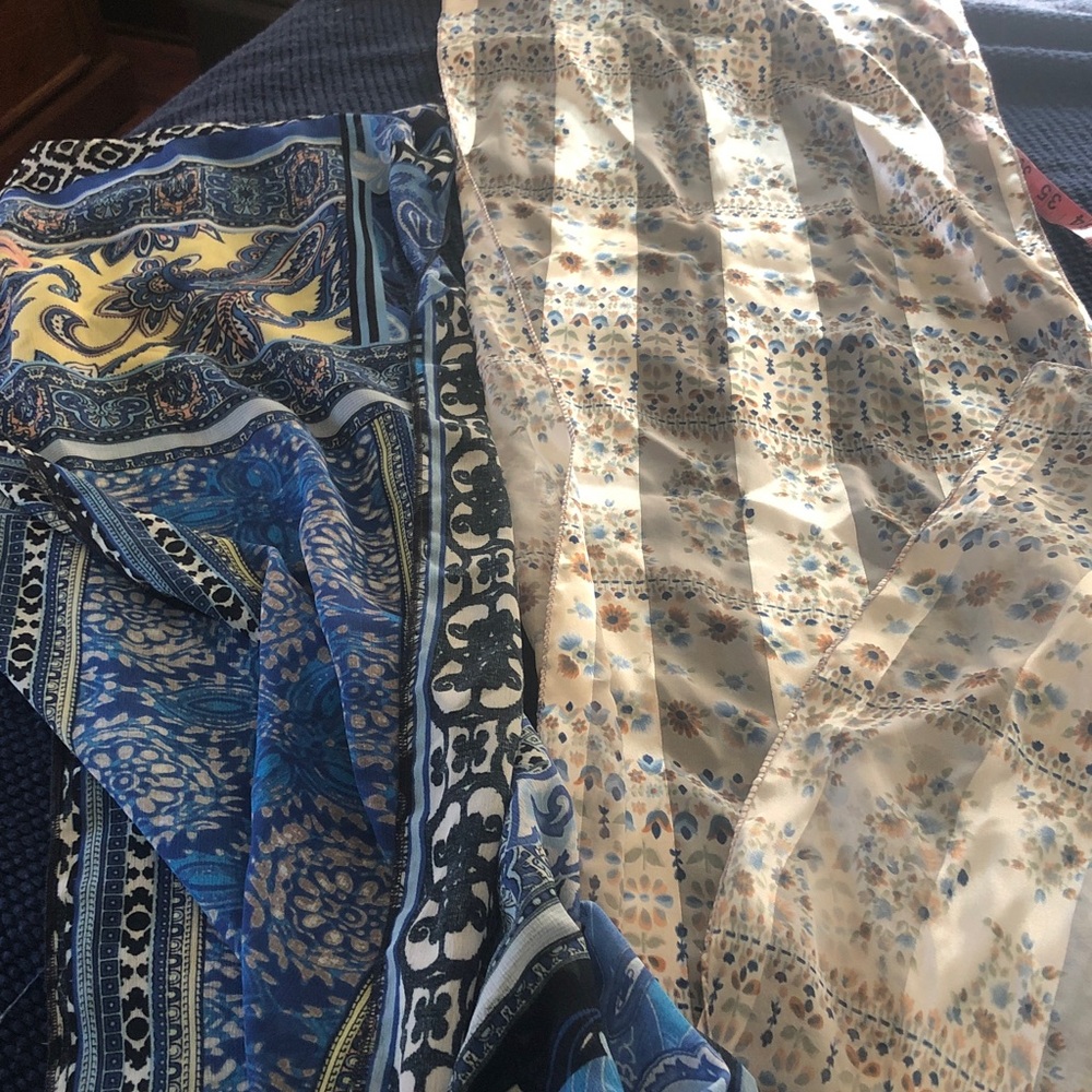 Two scarves/blue floral/ long/ approximately 10” wide